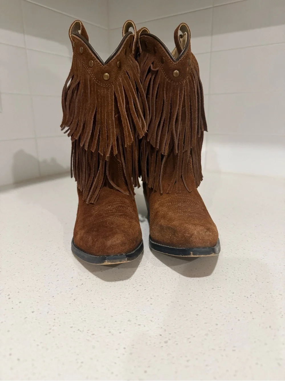 Girls Shyanne Fringed Boho Genuine Suede Western Ankle Boots in Chestnut Brown